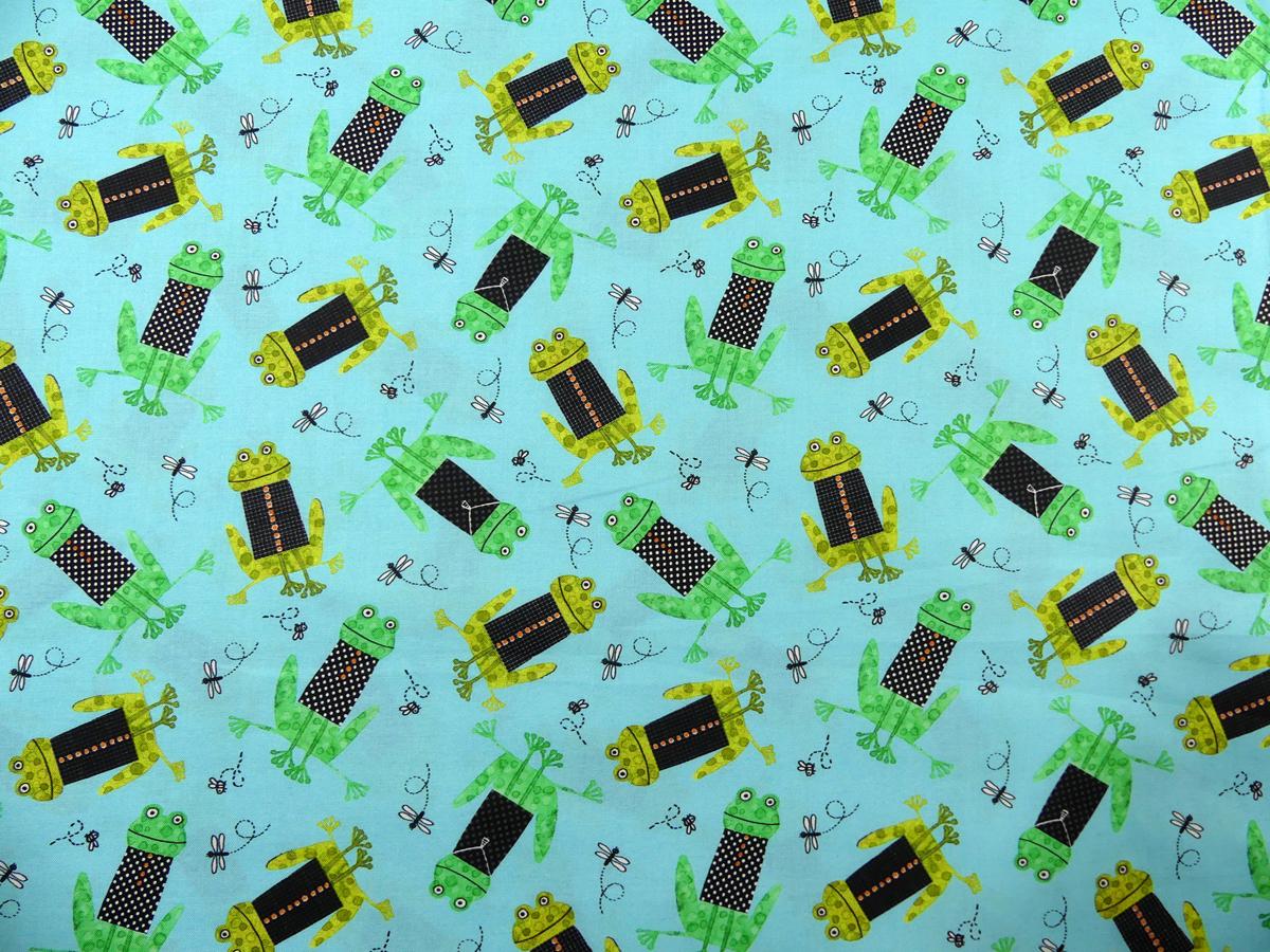 Frogtastic  Frösche Libelle türkis grün gelb Patchworkstoff von Benartex
